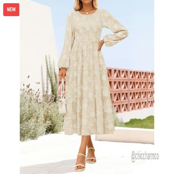 Boho Floral Midi Dress Long Sleeve Crewneck Flow Wedding Guest - Picture 4 of 8